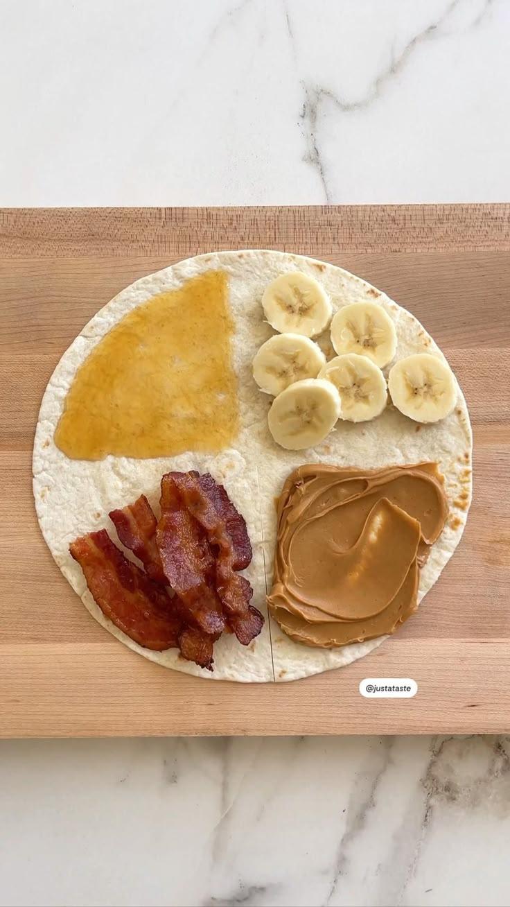a collage of ingredients: tortillas, peanut butter, and bananas, arranged on a wooden table