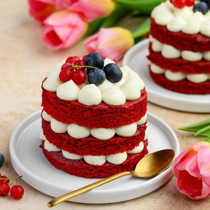 finished red velvet prism cake on a cake stand, decorated with berries