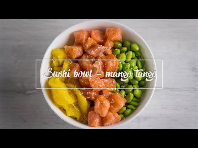 a vibrant mango tango sushi bowl with fresh ingredients