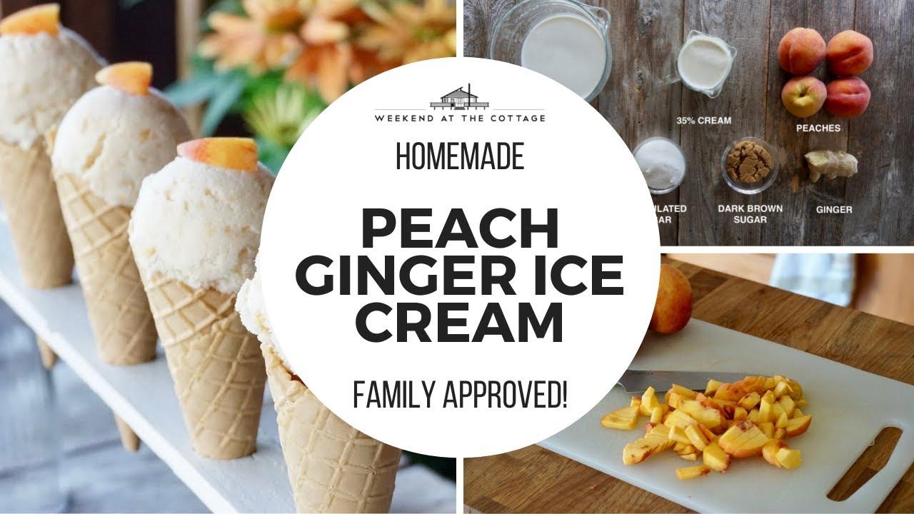 homemade peach ginger ice cream in a waffle cone
