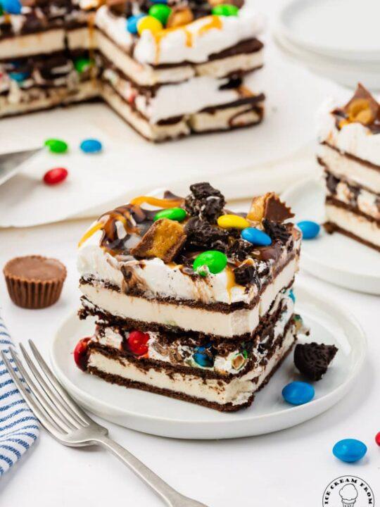 close-up of stacked sundae ice cream sandwiches with various toppings