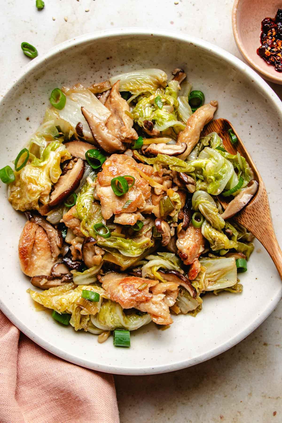 Keto chicken and cabbage stir-fry in a wok