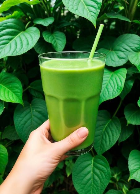 close up of a green smoothie being poured into a glass