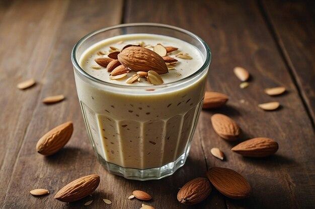 A glass of Almond Aroma Lassi being poured, showcasing its creamy texture