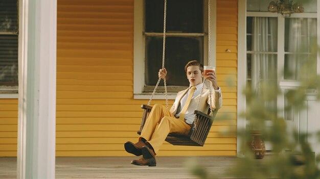 someone sitting on a porch swing sipping lemonade