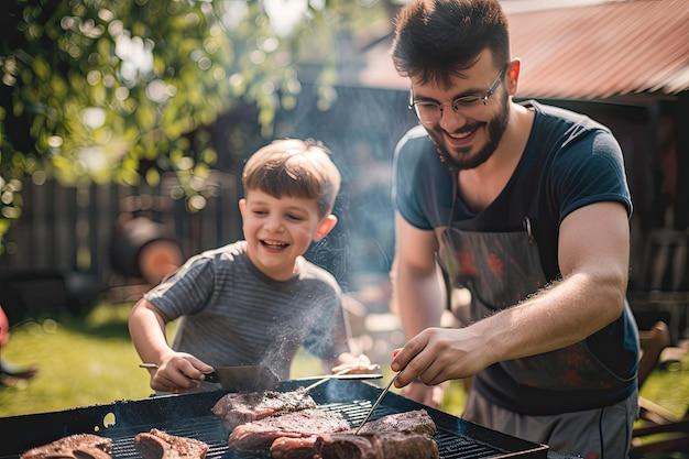 father and child grilling flank steak together