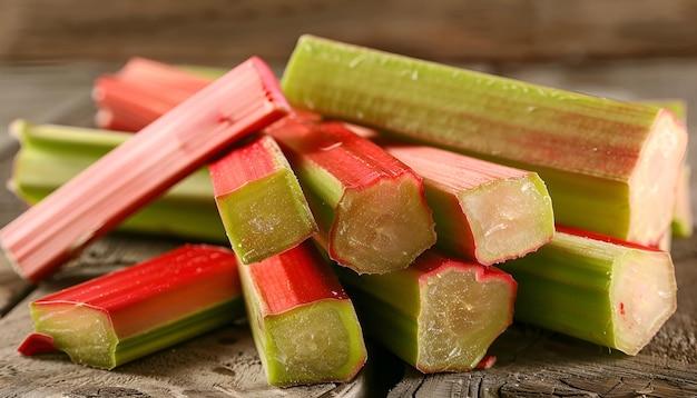 Close-up of rhubarb stalks, some cut, some whole