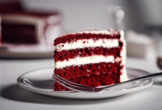 overhead shot of a slice of red velvet cake on a plate with a fork