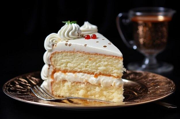 a slice of vanilla birthday cake on a plate with a fork