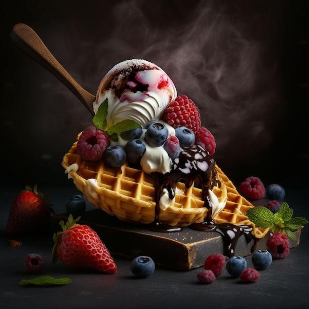 A person enjoying a berry waffle parfait with a spoon
