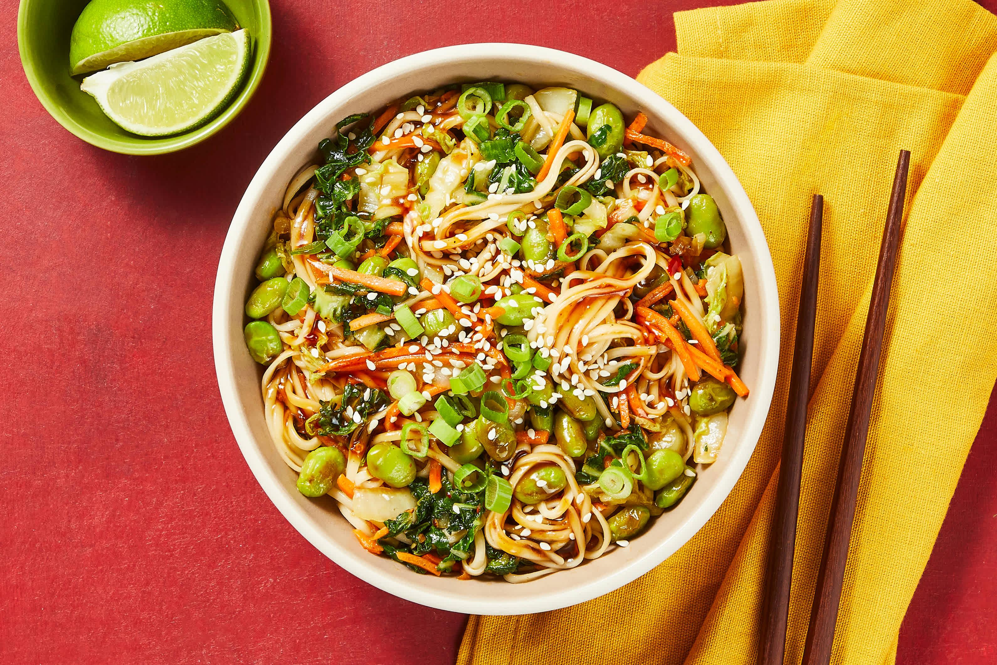 Edamame noodle stir-fry with colorful vegetables