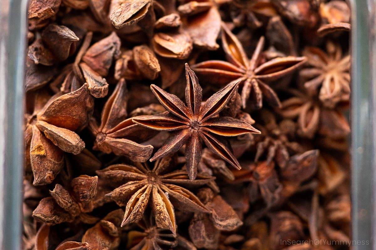 close-up shot of star anise pods and other spices used in the taco recipe