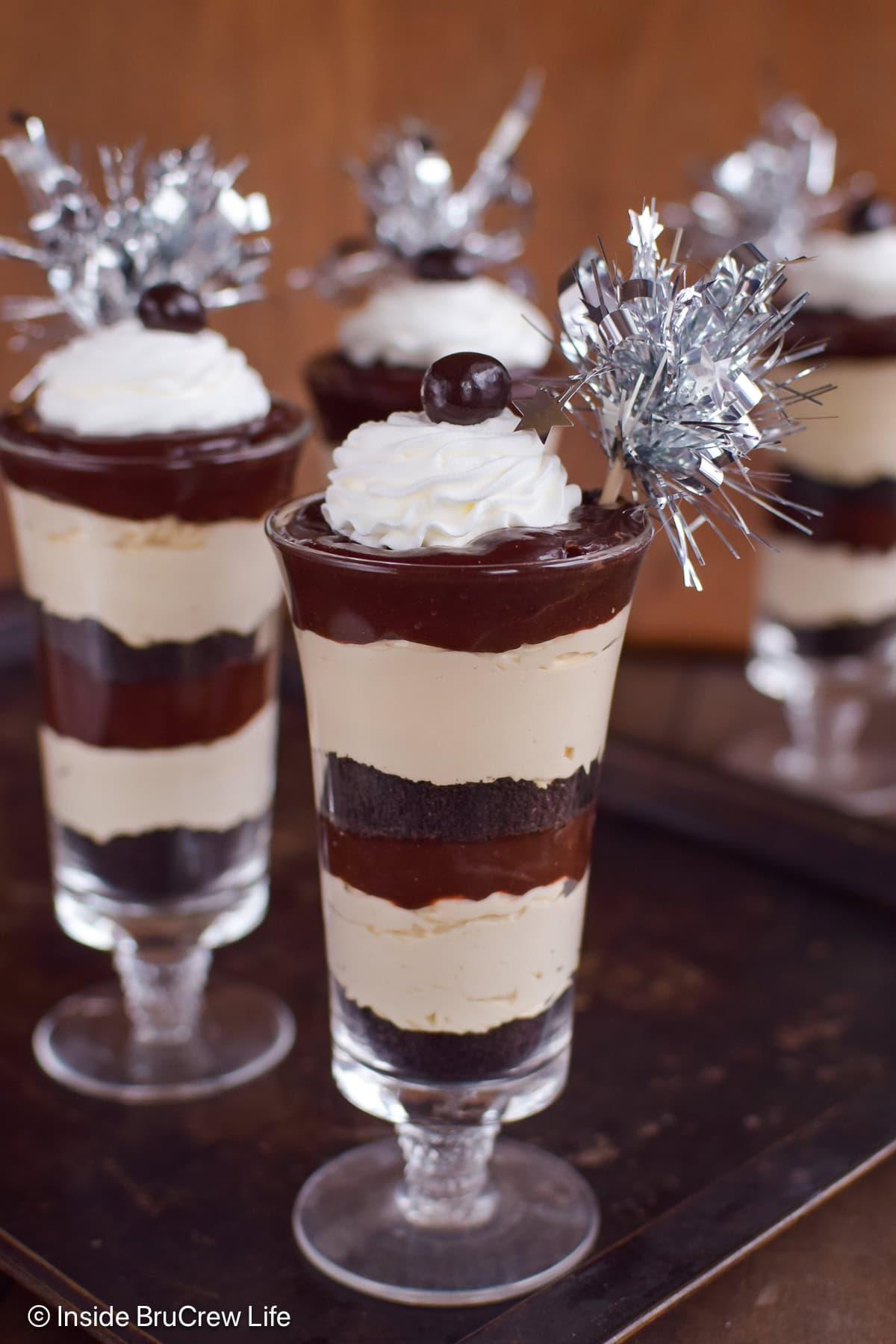 layered mocha almond fudge yogurt parfait in a glass