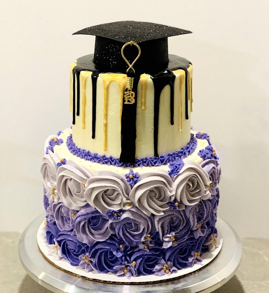 close-up shot of a slice of graduation cake showing the layers