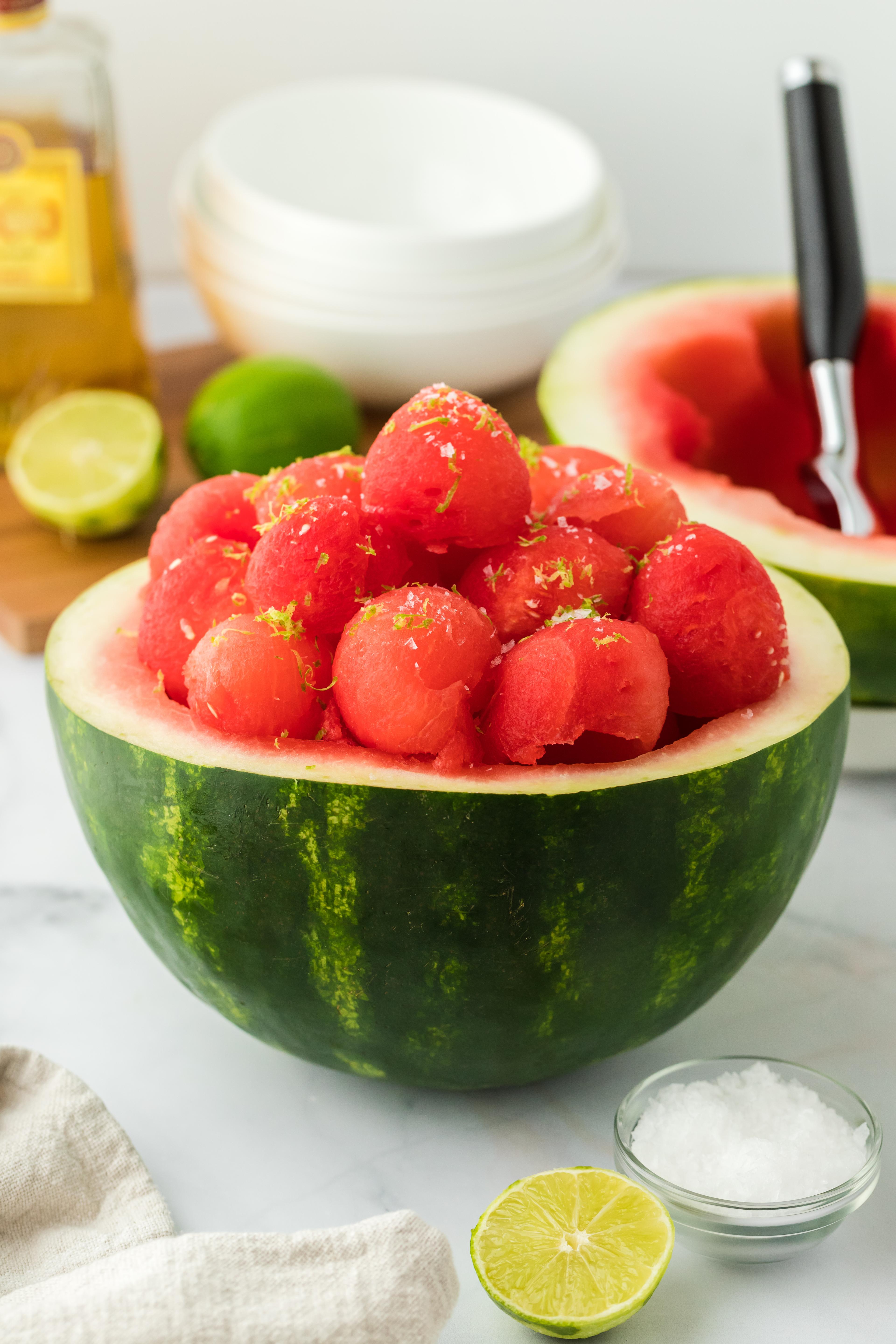 overhead shot of multiple servings of watermelon and margarita salad in individual bowls