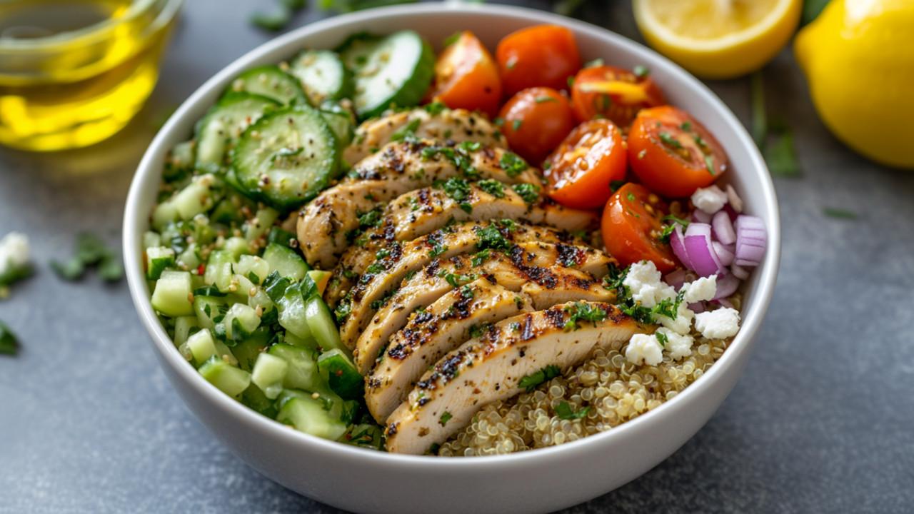 Close-up shot of a Lemon Herb Chicken and Veggie Bowl
