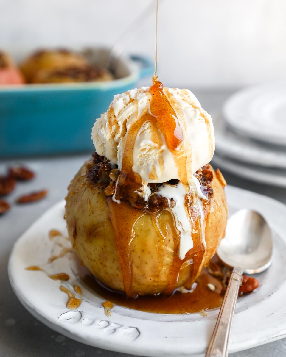 baked honey apples with almond topping and vanilla ice cream