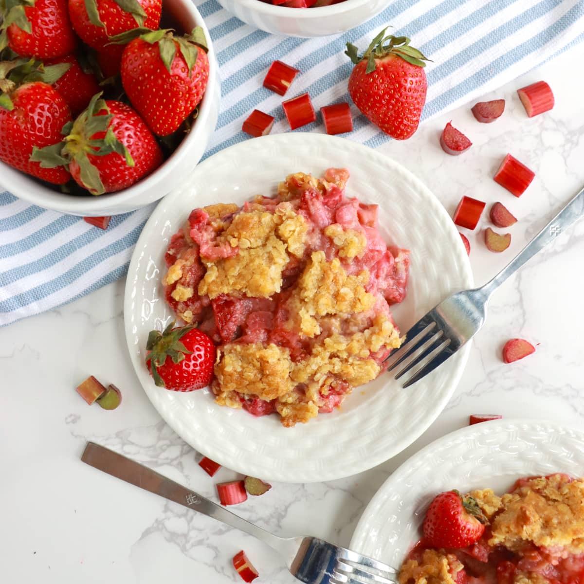overhead shot of Buttery Rhubarb Custard Delight, sliced and ready to serve