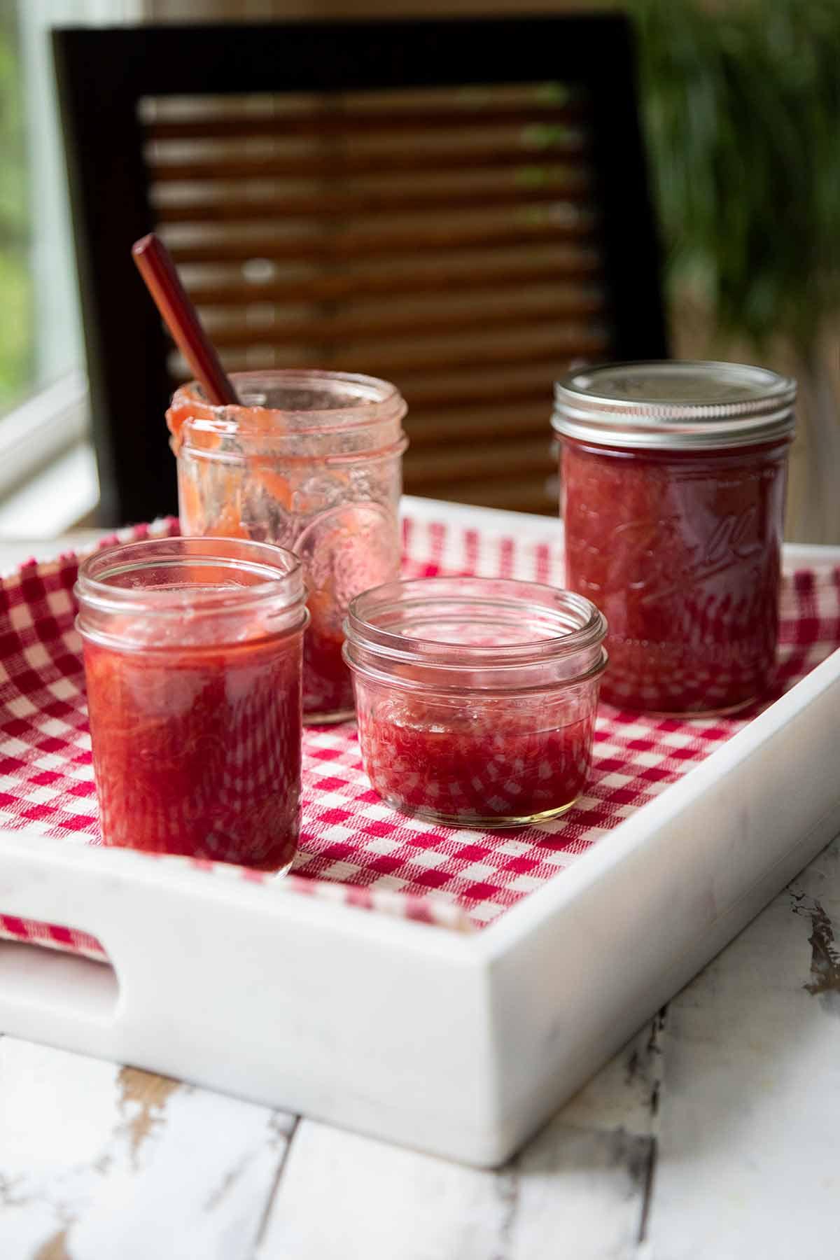 jars of homemade rhubarb jam with kahlua