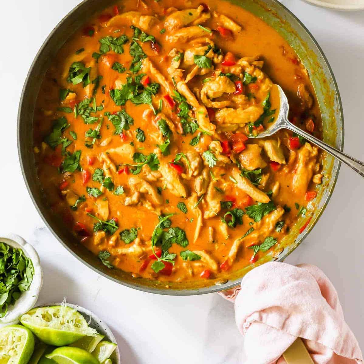 A top-down view of grilled chicken and vegetable curry with coconut milk served in a colorful bowl, garnished with cilantro and lime.