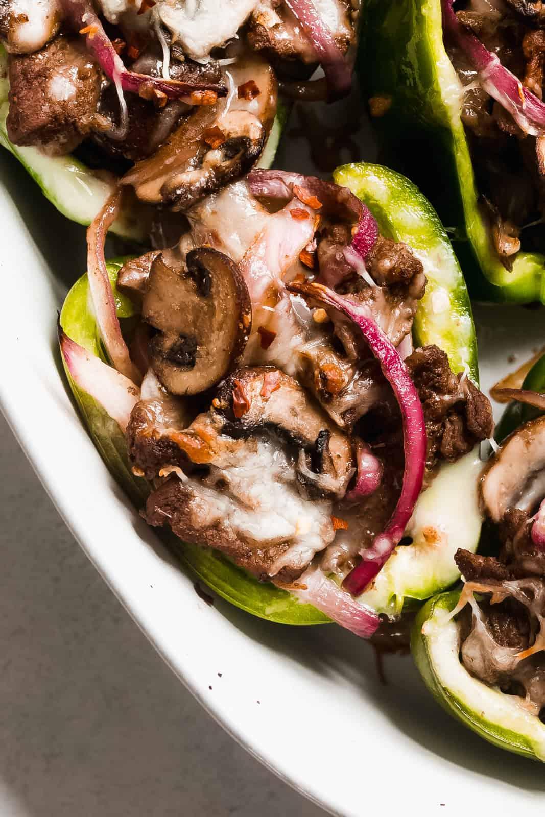 close up of Philly cheesesteak stuffed peppers