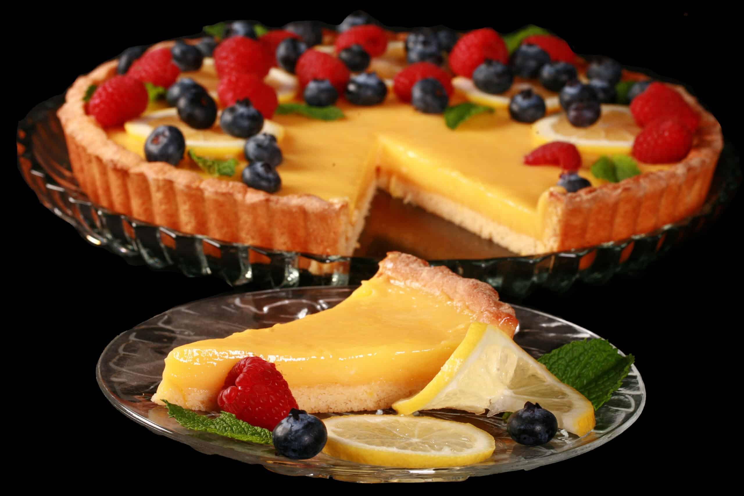 Keto lemon tart with fresh lemon slices and zest