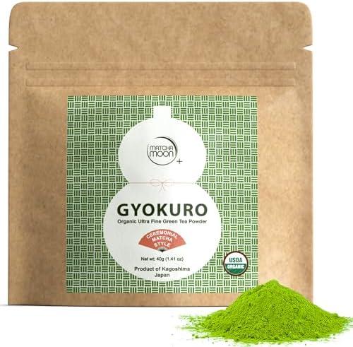Close-up of high-quality Gyokuro tea leaves and culinary-grade matcha powder