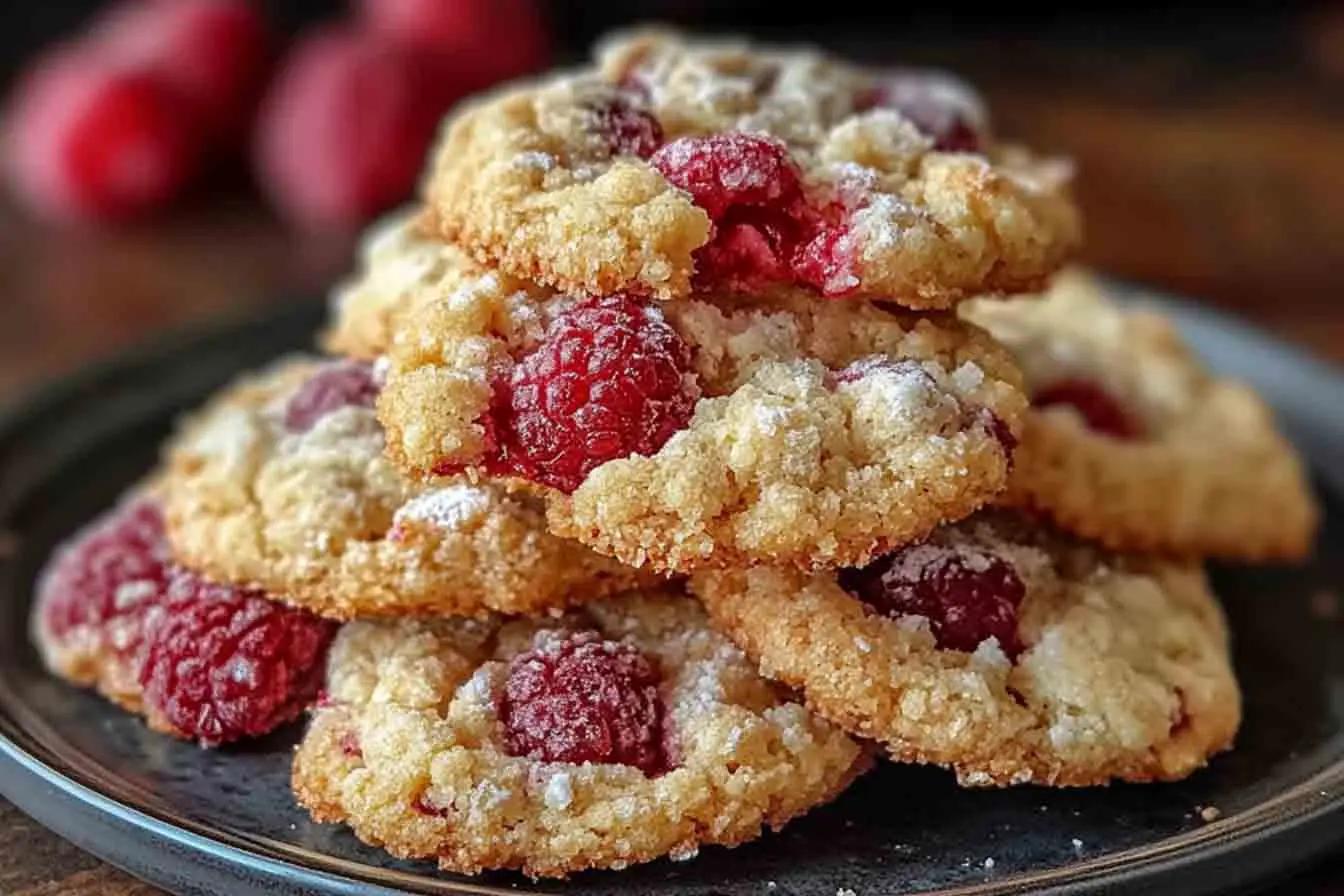 Close-up of Salty Raspberry Rave cookies on a plate