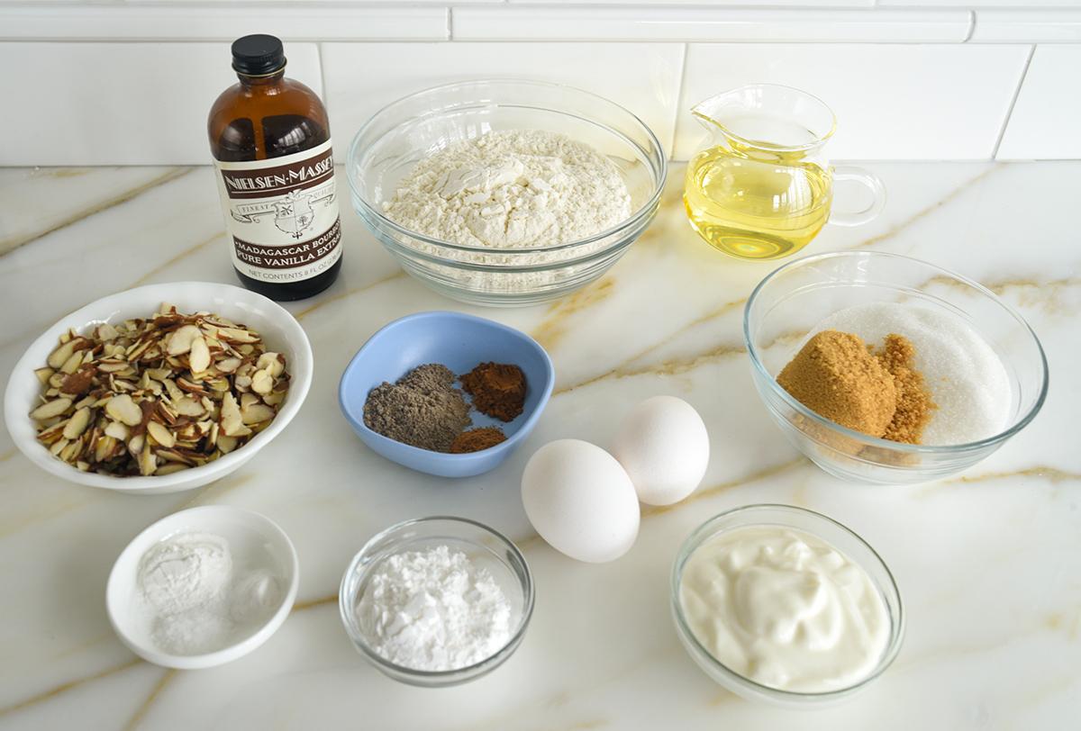 ingredients for vanilla cardamom cake laid out on a counter