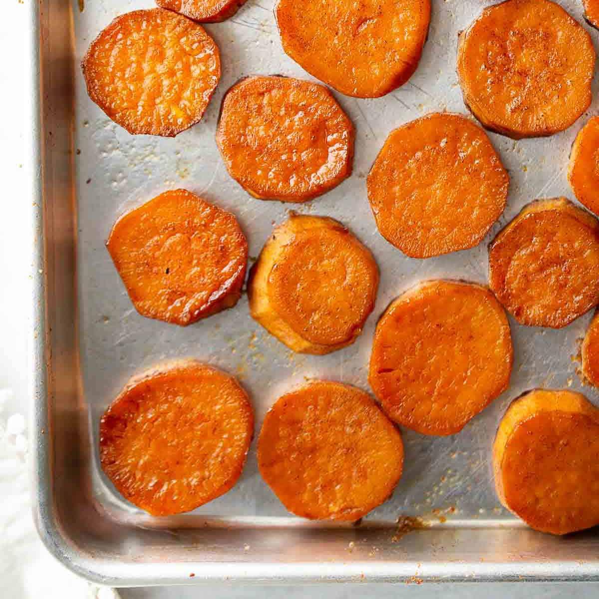 close-up shot of sweet potato being roasted in the oven