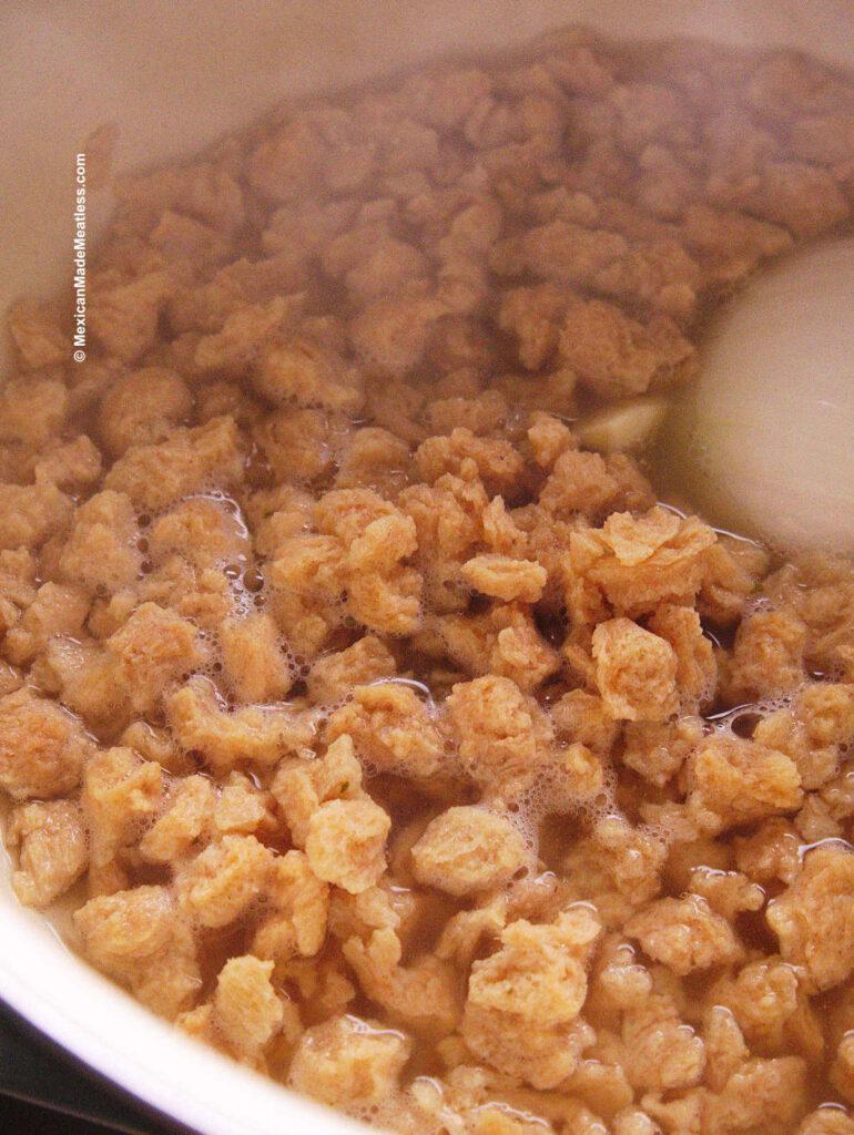 close-up of rehydrated TVP ready to be added to the chili