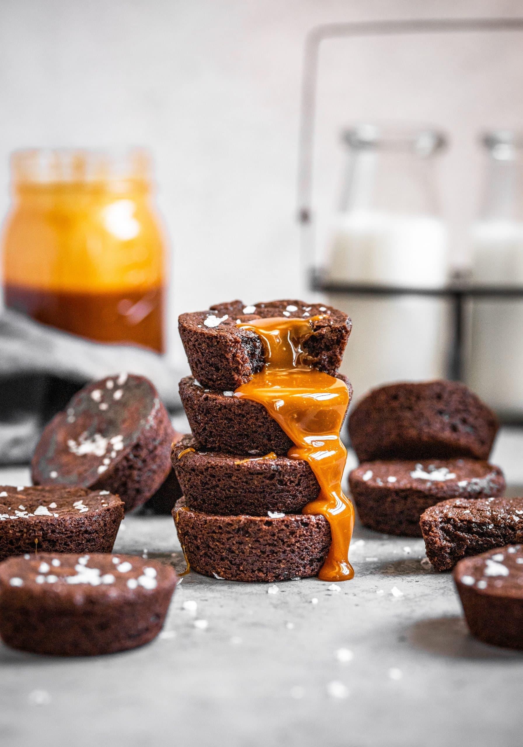 ingredients for salted caramel brownie bites on a wooden surface