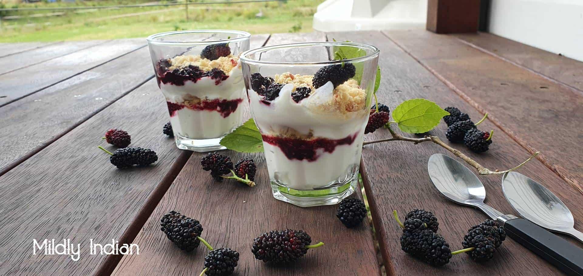 mulberry mint morning parfait on a bright kitchen counter