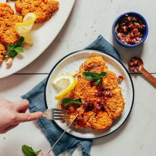 honey sriracha cauliflower steaks with toasted cashews