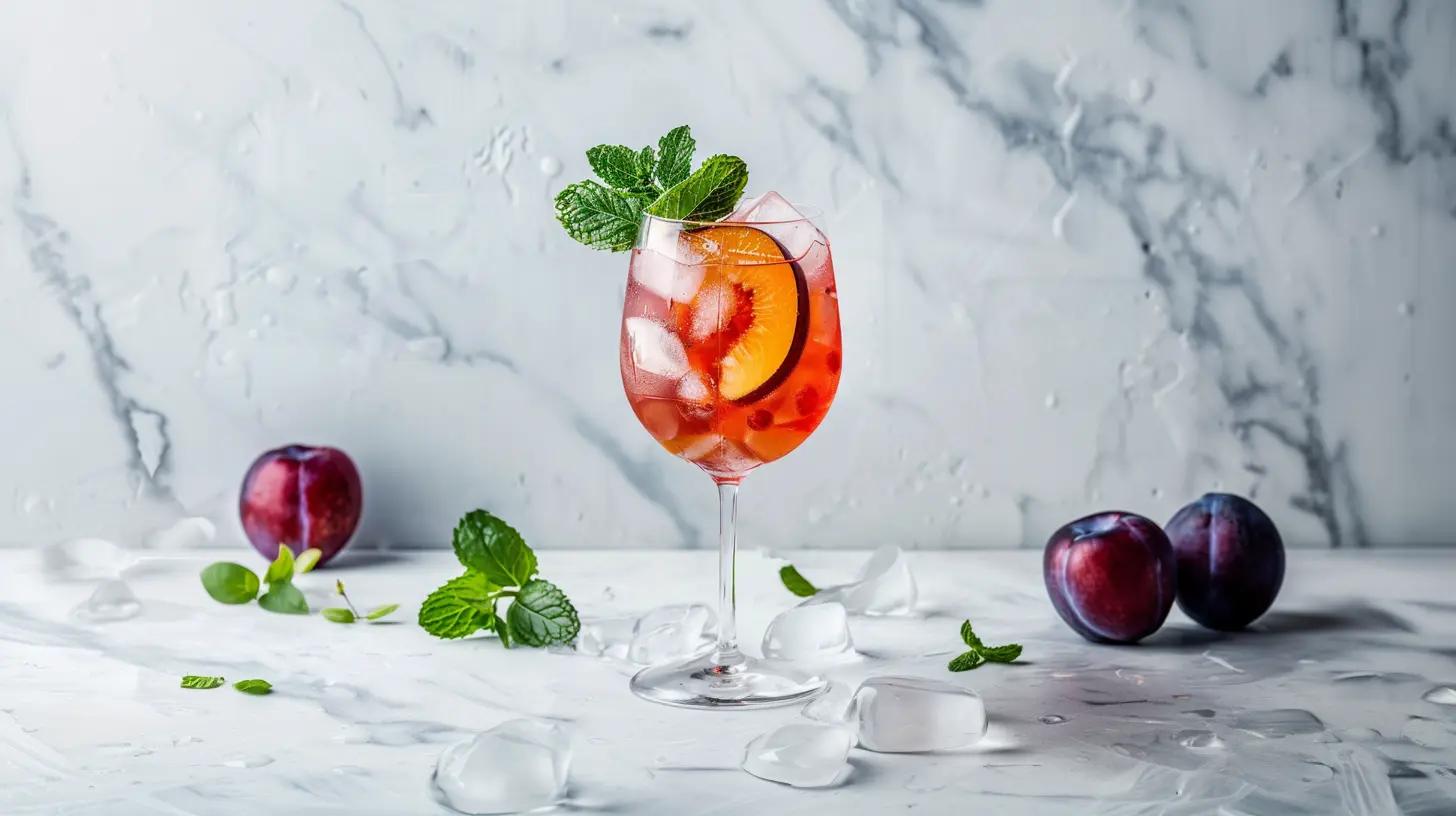 plum anise hugo spritz cocktail in a glass with plum slices and star anise