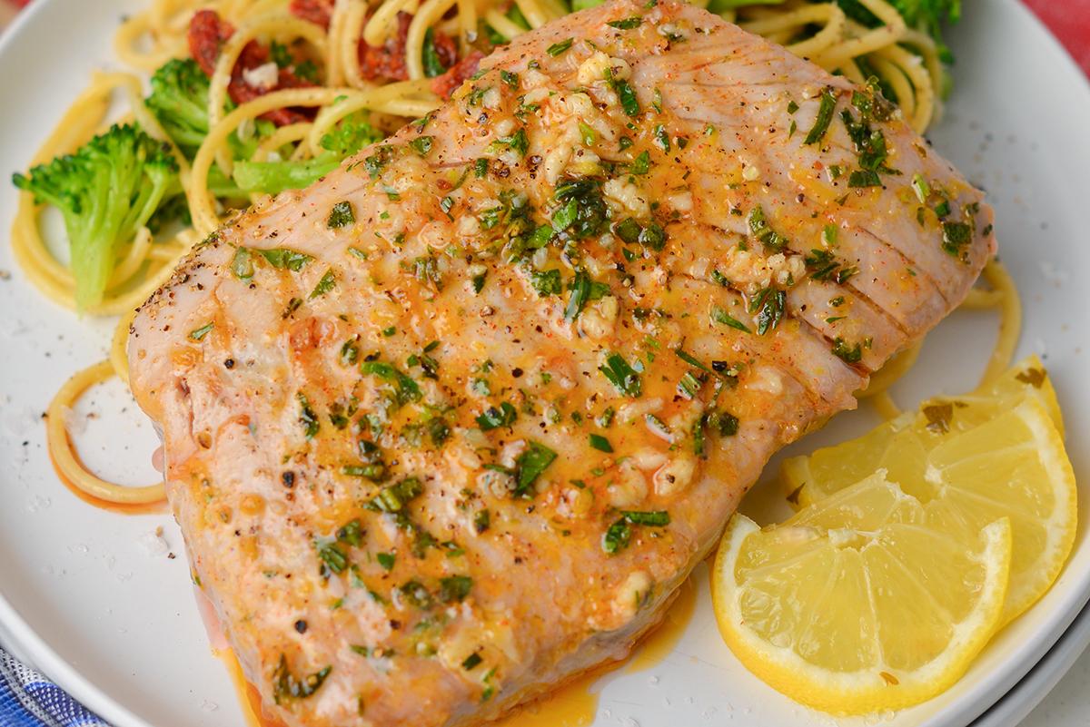 close up shot of tuna steak marinating