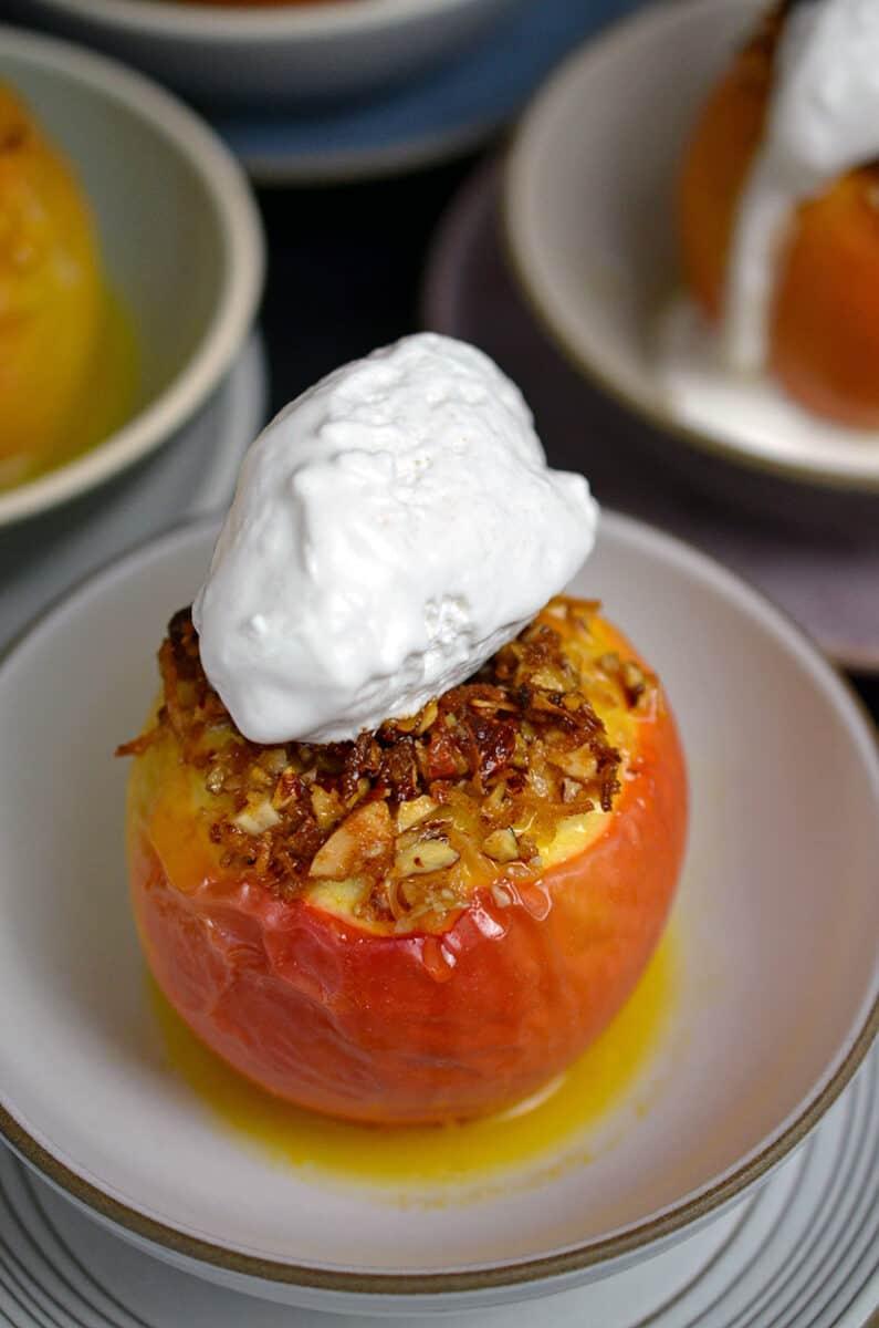 close up shot of apple mustard baked apples