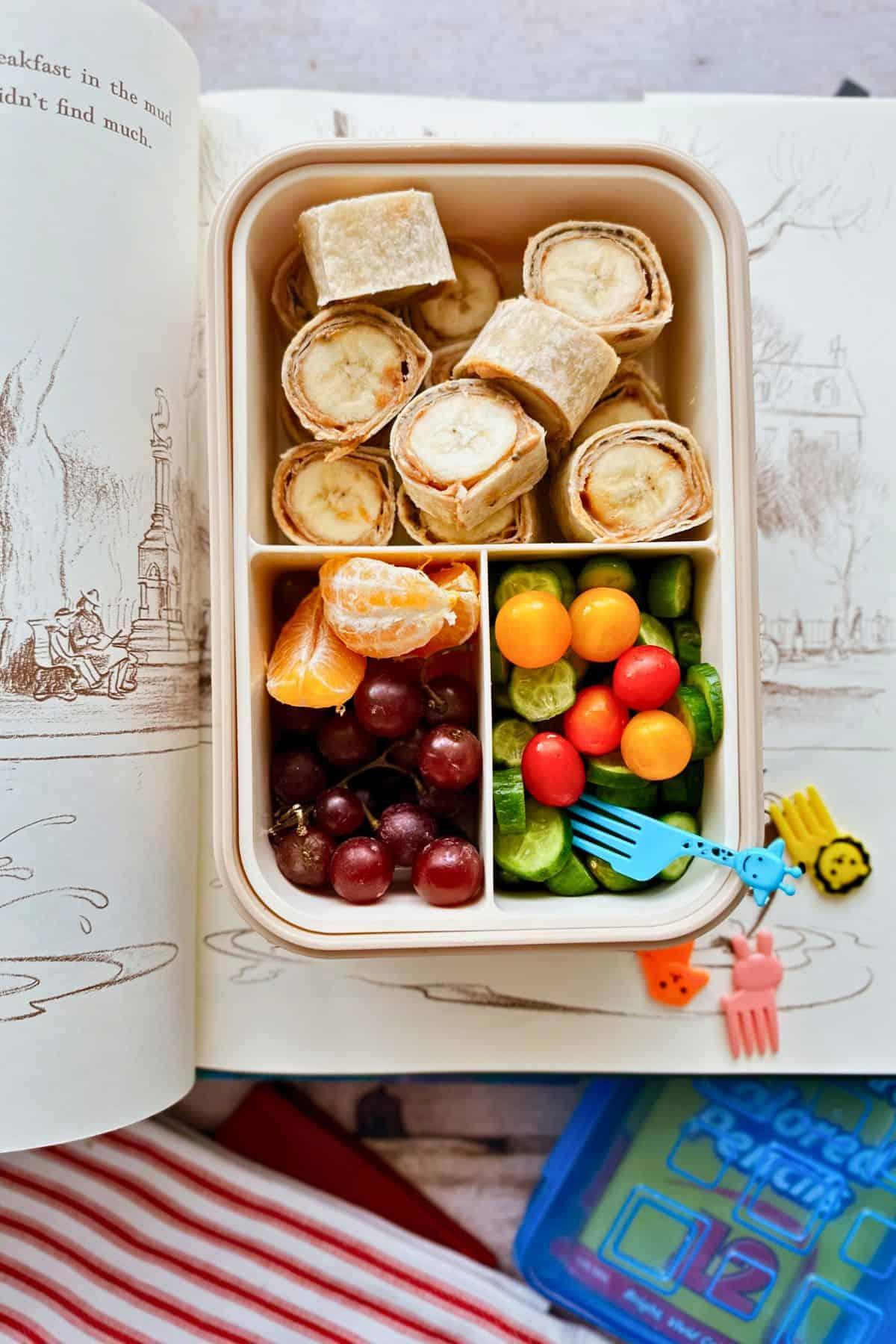 colorful peanut butter banana bento box lunch