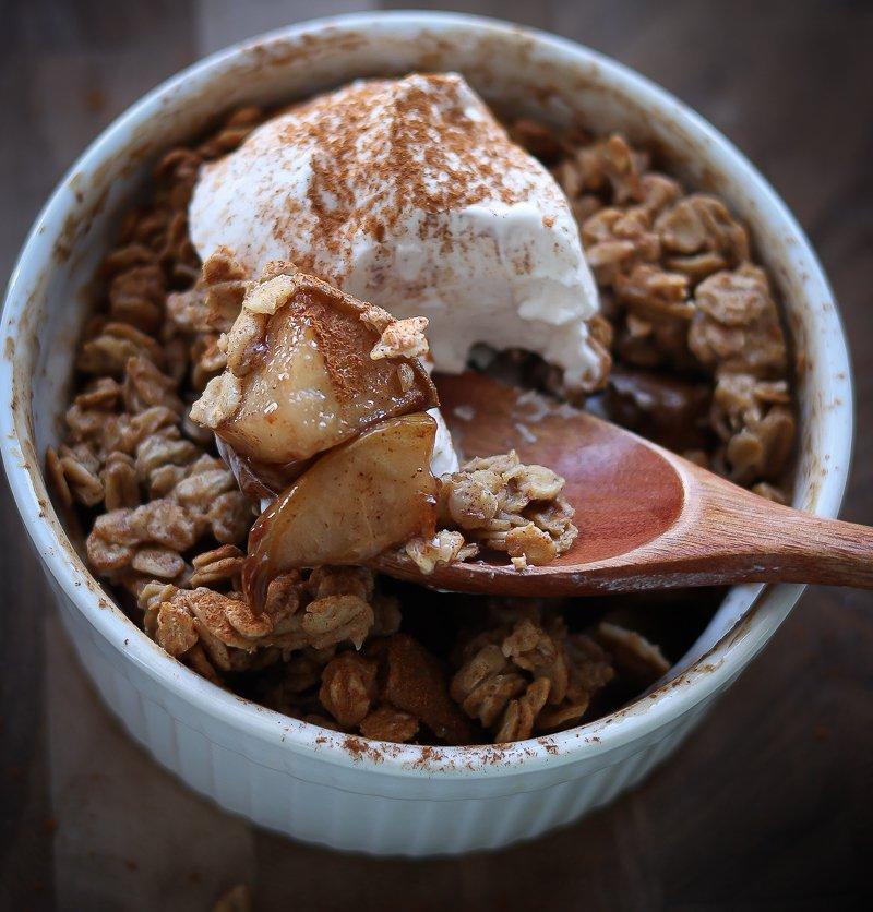 close up shot of a freshly baked pear crisp with hemp seeds