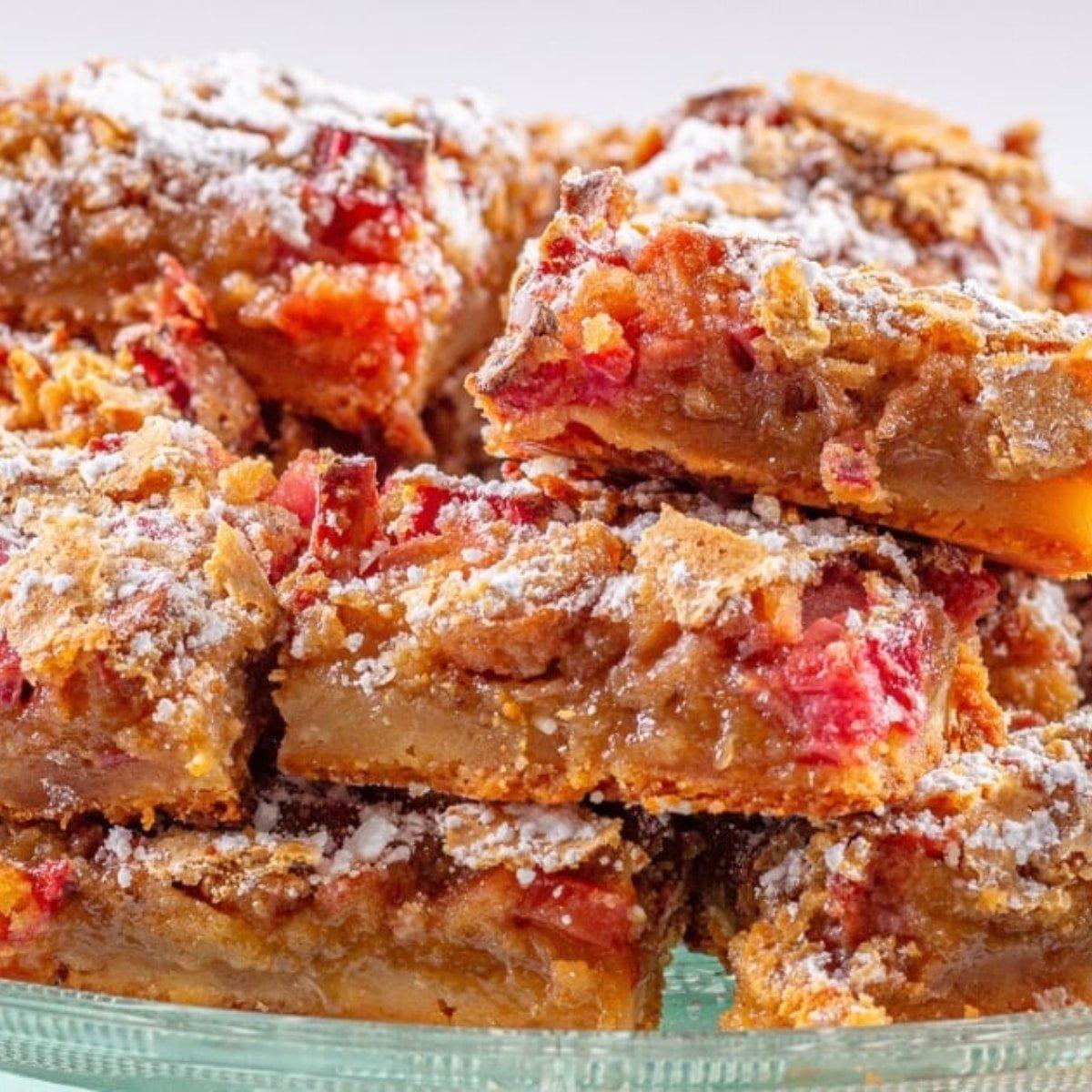 Close-up shot of a sliced Berbere Rhubarb Bar showing the layers