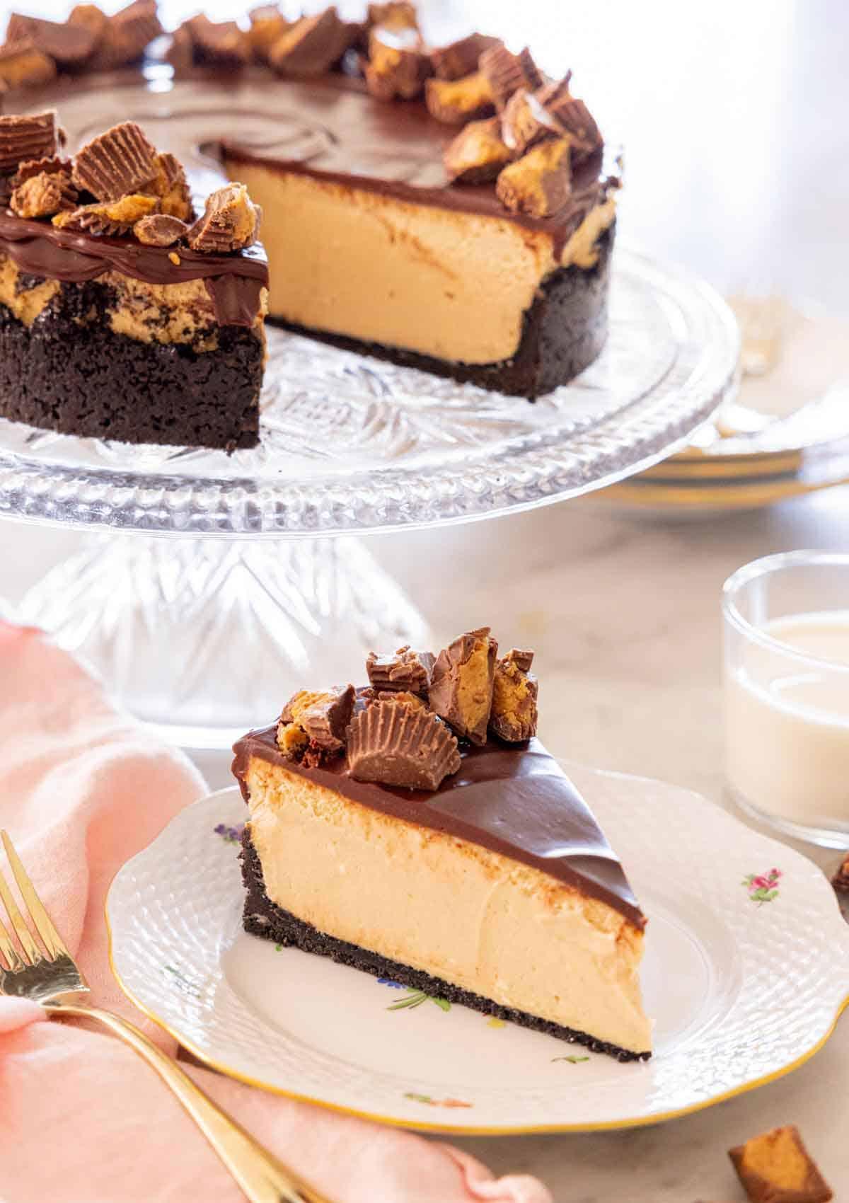 slice of peanut butter cup cheesecake on a plate