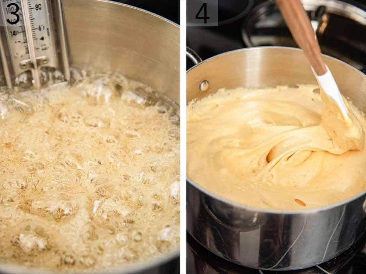 Close-up of honeycomb being made in a saucepan, showing the bubbling sugar mixture
