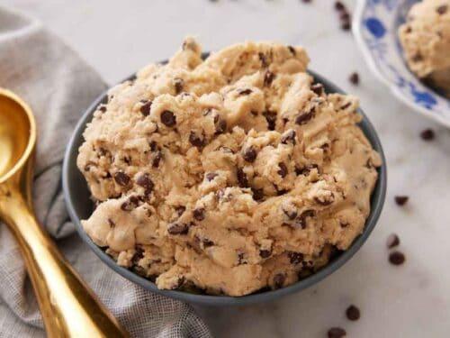 bowl of cookie dough with chocolate chips