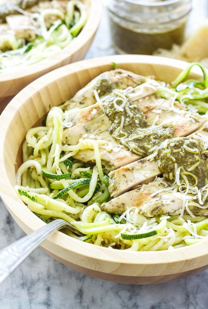 pesto chicken with zucchini noodles being prepared for freezing