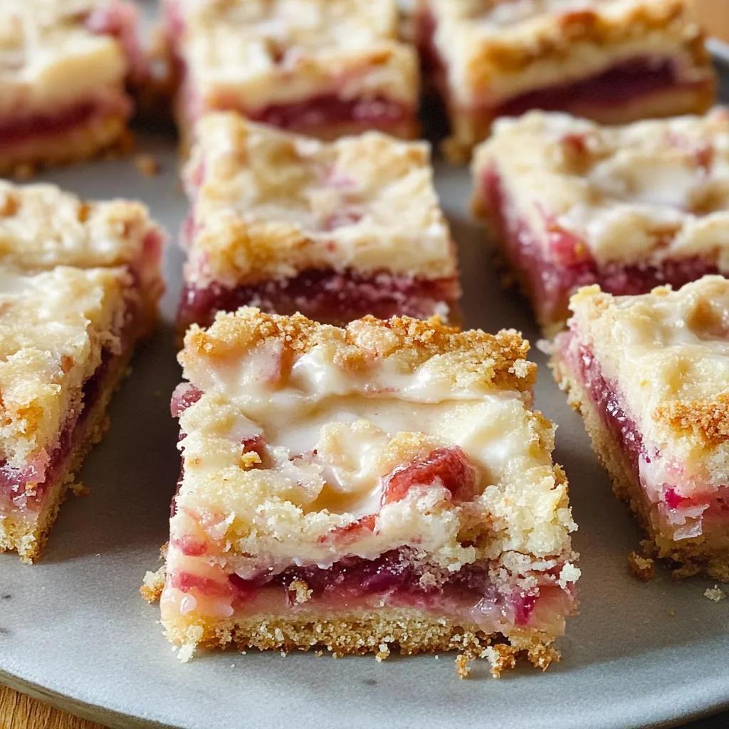 a baker sprinkling powdered sugar on rhubarb custard bars