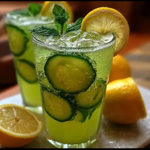 a refreshing glass of cucumber sage lemonade with ice and lemon slices