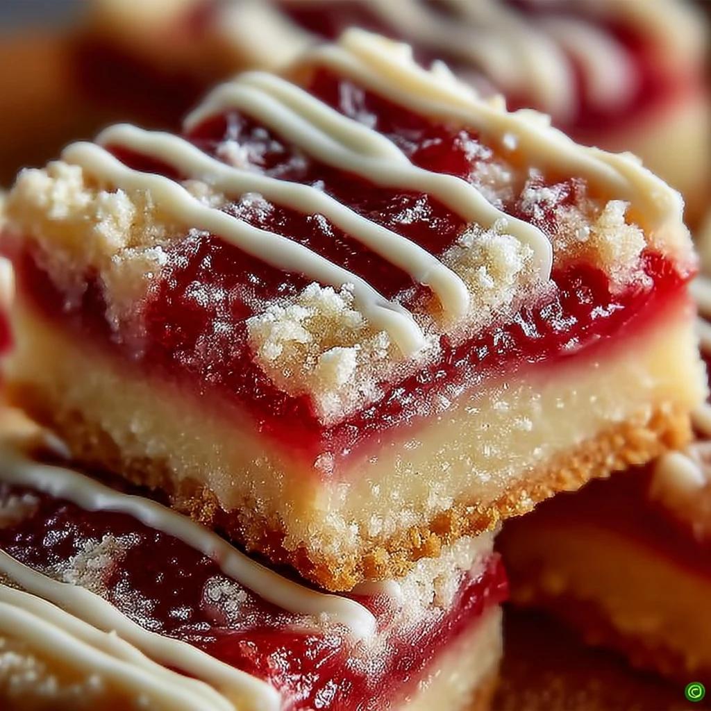 Side view of rhubarb and strawberry shortbread bars stacked on a plate, dusted with powdered sugar
