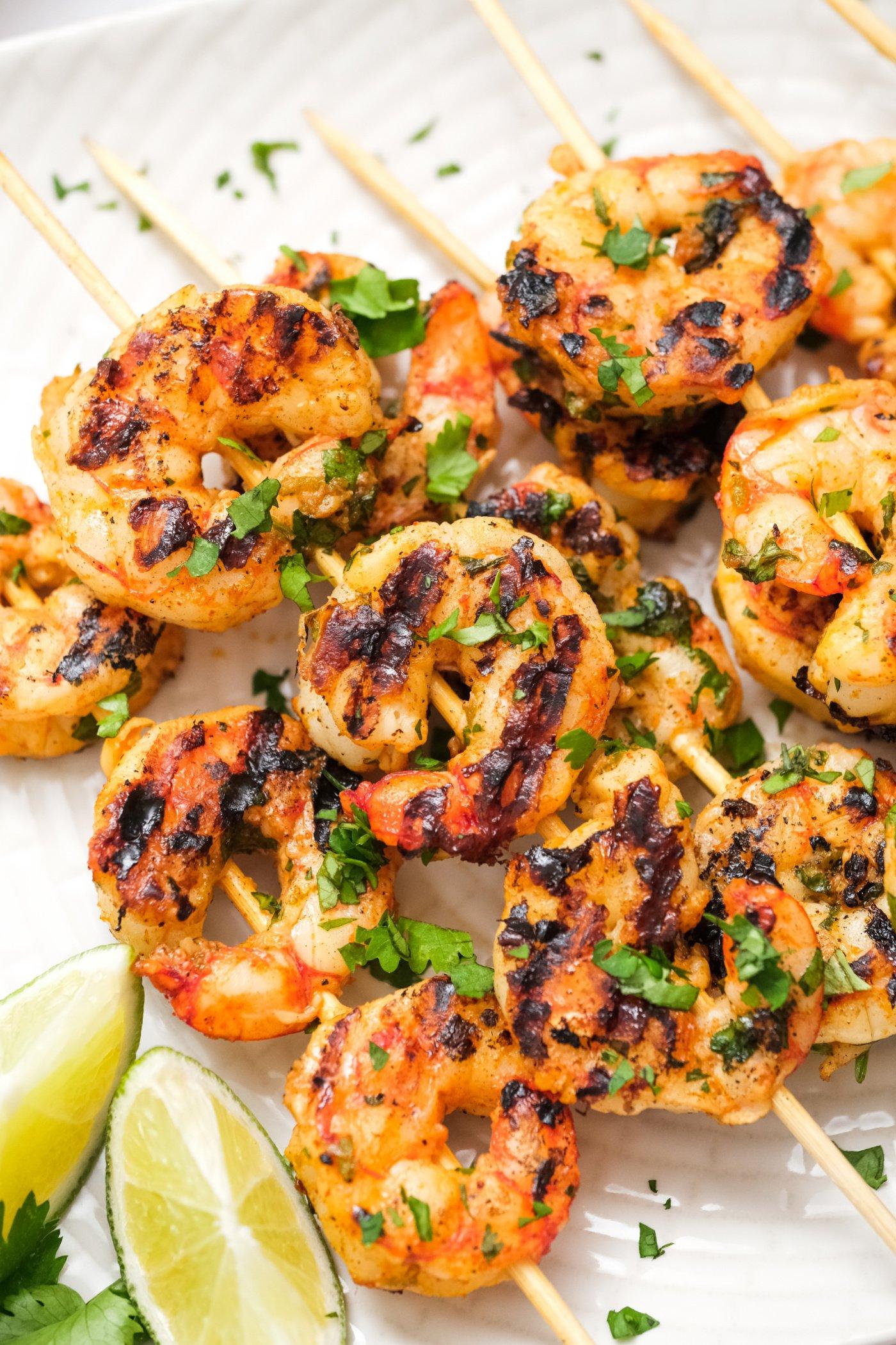 grilled margarita shrimp skewers on a platter