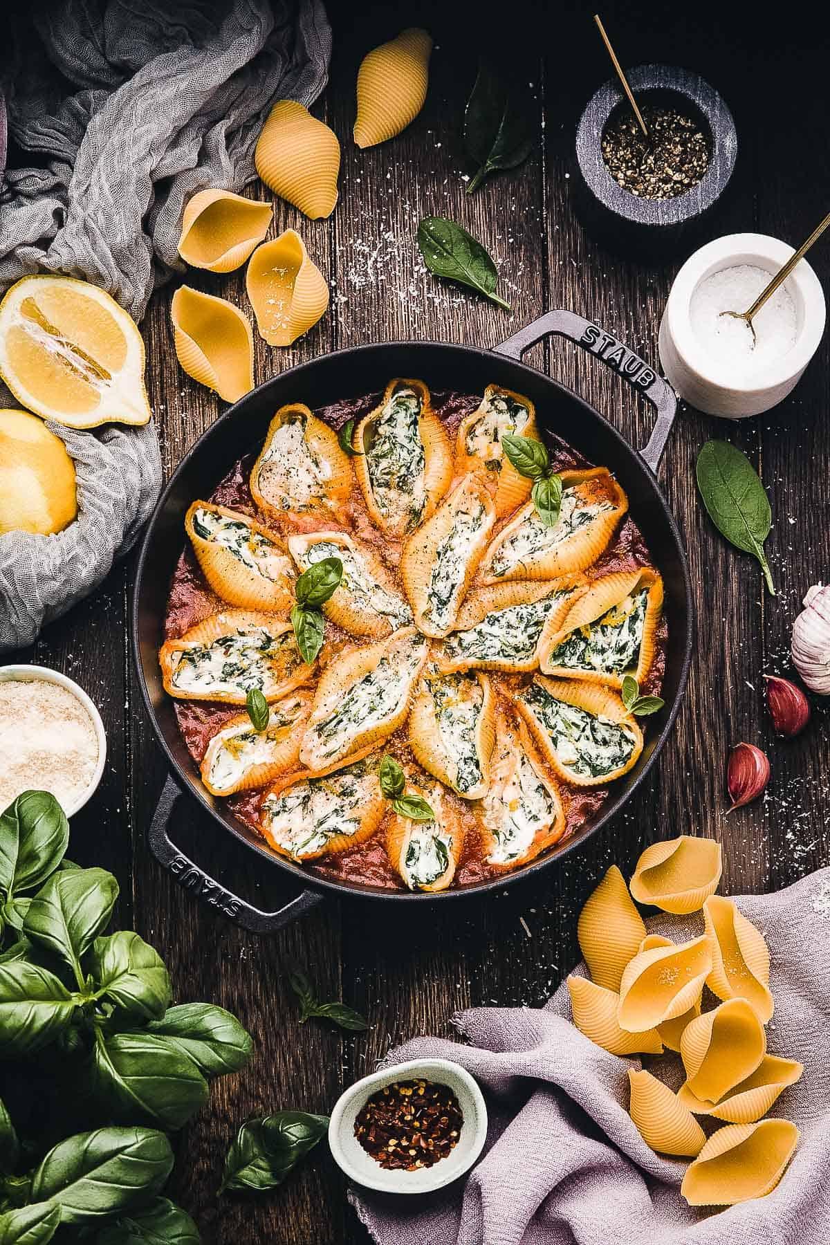 overhead shot of stuffed shells bake being served