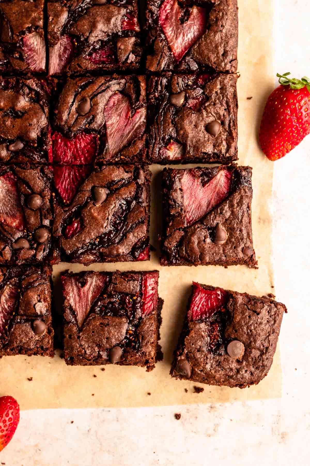 overhead shot of freshly baked strawberry cake brownies in a pan